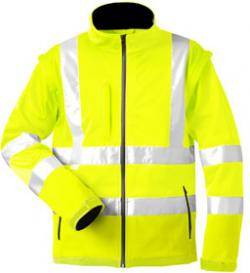 Eine leuchtend gelbe Warnschutzjacke mit reflektierenden grauen Streifen, die für die Sicherheit in schlecht beleuchteten oder gefährlichen Umgebungen konzipiert ist.