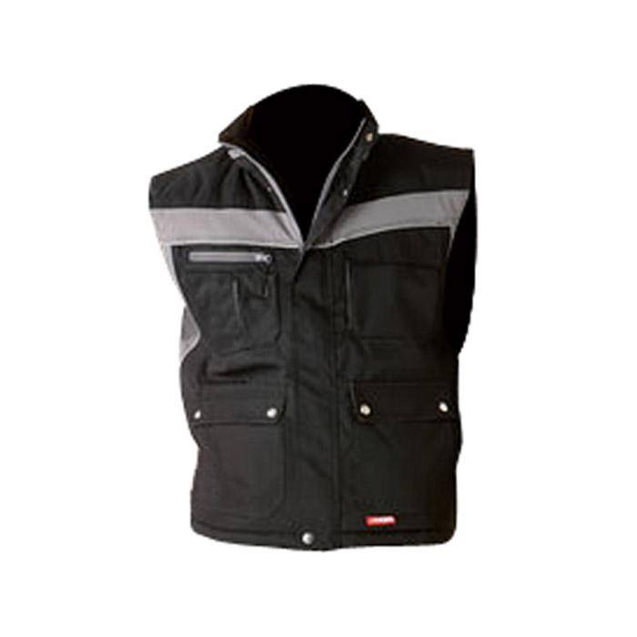 Schwarze und graue Arbeitsweste mit mehreren Taschen und hohem Kragen, entwickelt für Gebrauchszwecke und Outdoor-Aktivitäten.