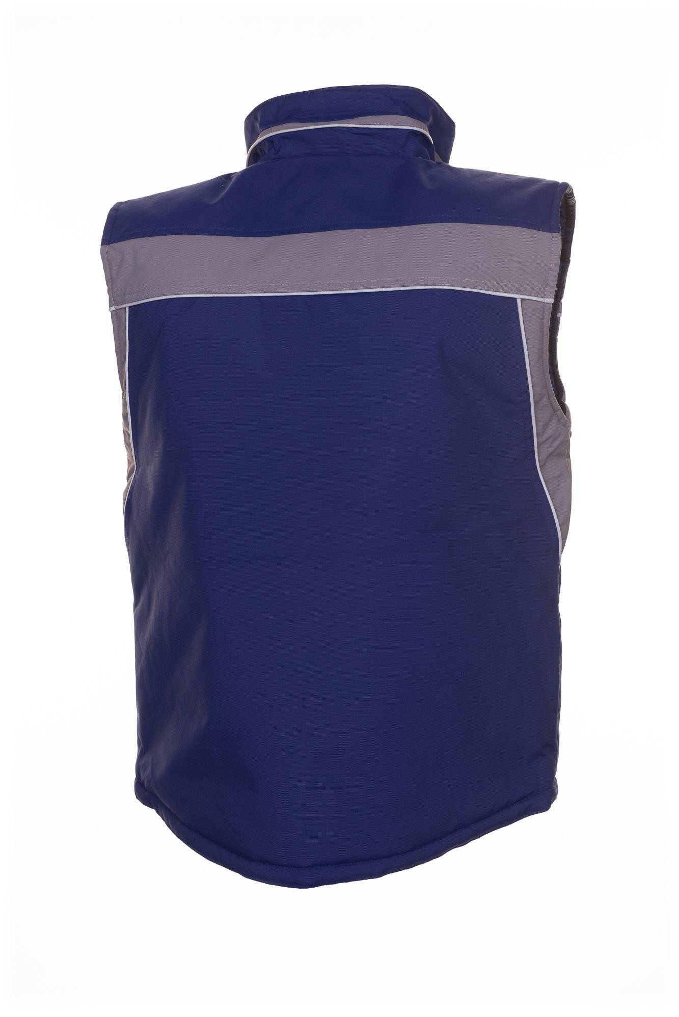 Blaue und graue ärmellose Jacke oder Weste, von hinten auf einfachem weißen Hintergrund dargestellt.