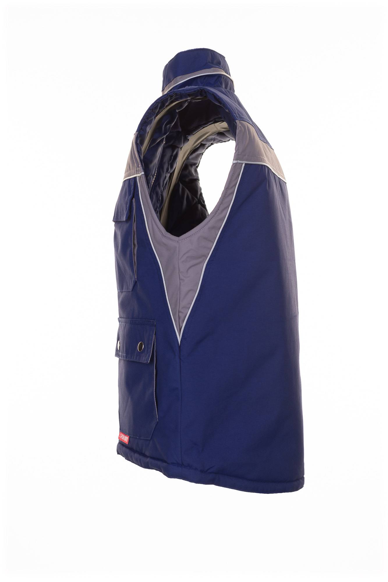 Ärmellose blaue Kapuzen-Außenjacke mit grauer Verbrämung, von der Seite auf weißem Hintergrund gezeigt.