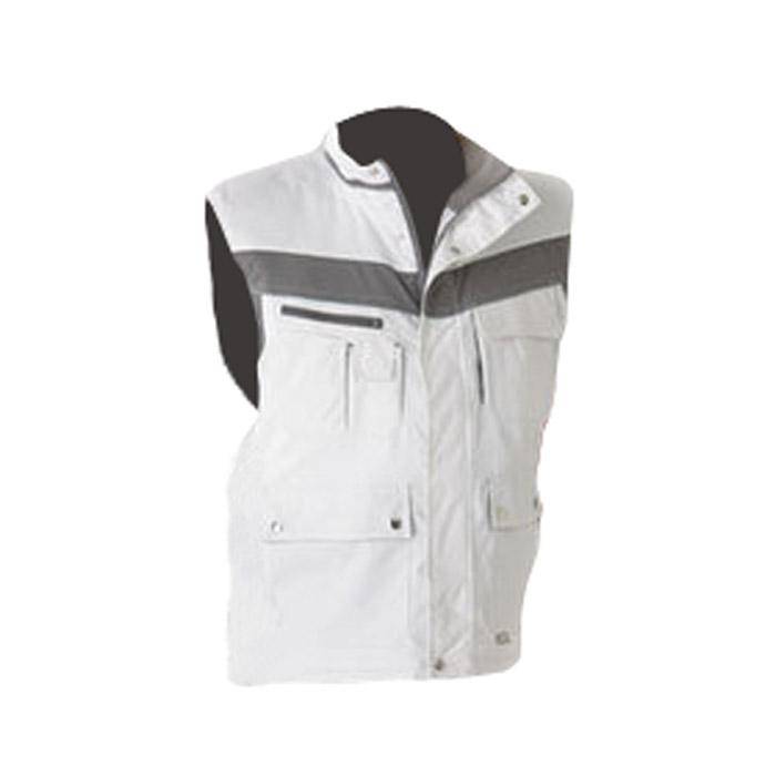 Eine weiße und graue ärmelloses Jacke mit hohem Kragen und mehreren Taschen, geeignet für Arbeiten oder Outdoor-Aktivitäten.