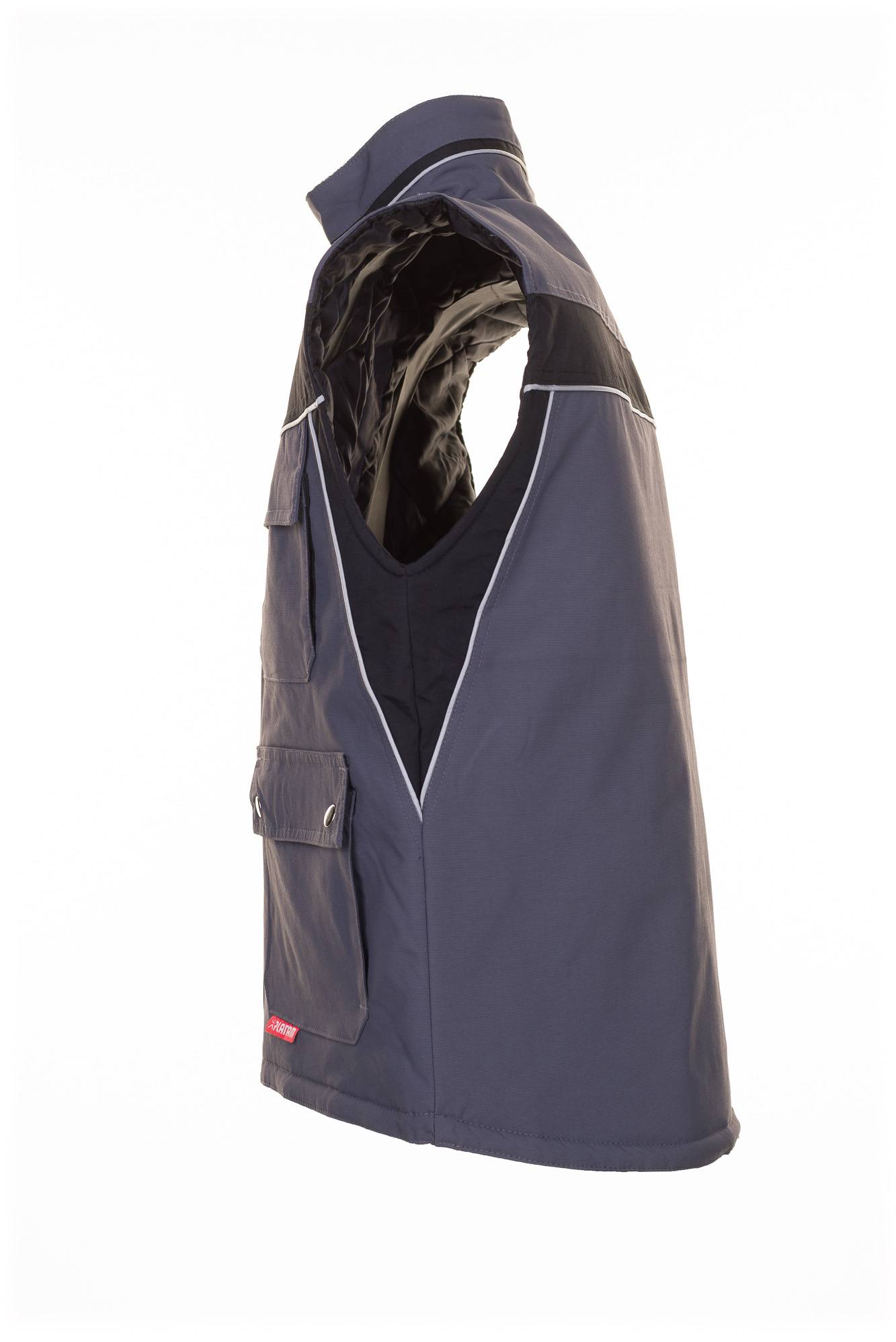 Ärmelloses marineblaues Arbeitsgilet mit Kapuze auf weißem Hintergrund, mit vorderen Taschen und reflektierendem Paspel.