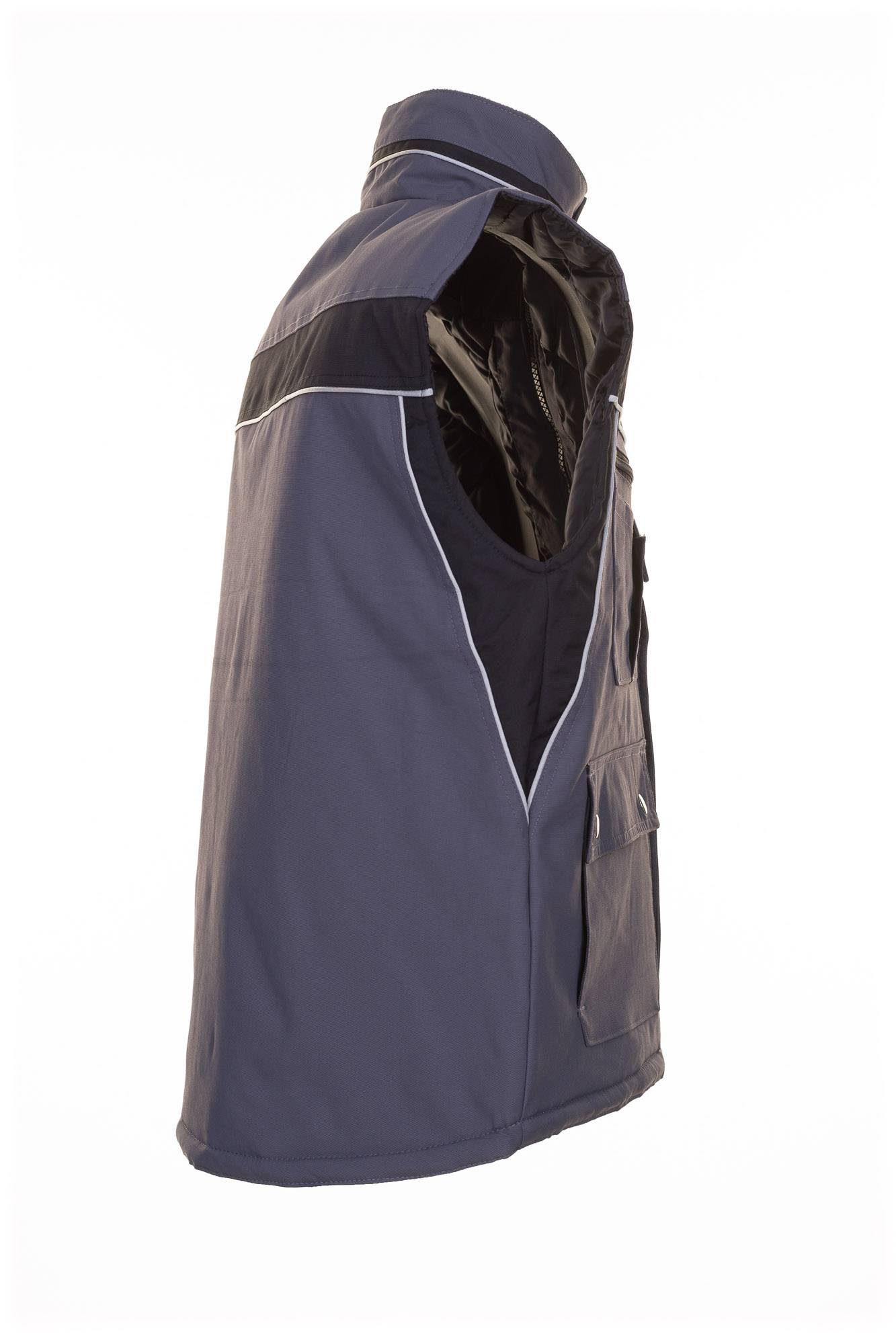 Ärmelloses schwarzes und graues Kapuzenweste oder Jacke mit Reißverschluss an der Vorderseite, in Seitenansicht auf weißem Hintergrund dargestellt.