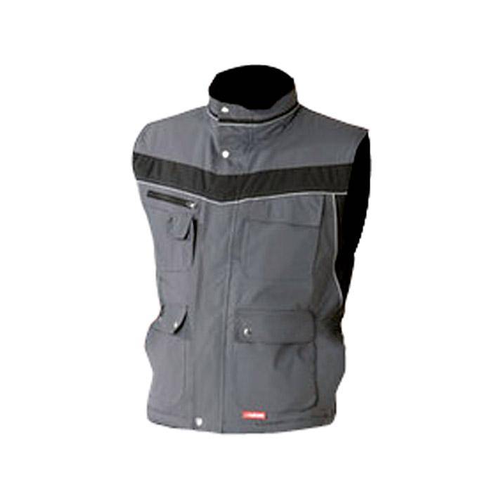 Eine graue ärmellose Arbeitsjacke mit schwarzen Akzenten, mehreren Taschen und einem hohen Kragen, vor weißem Hintergrund angezeigt.