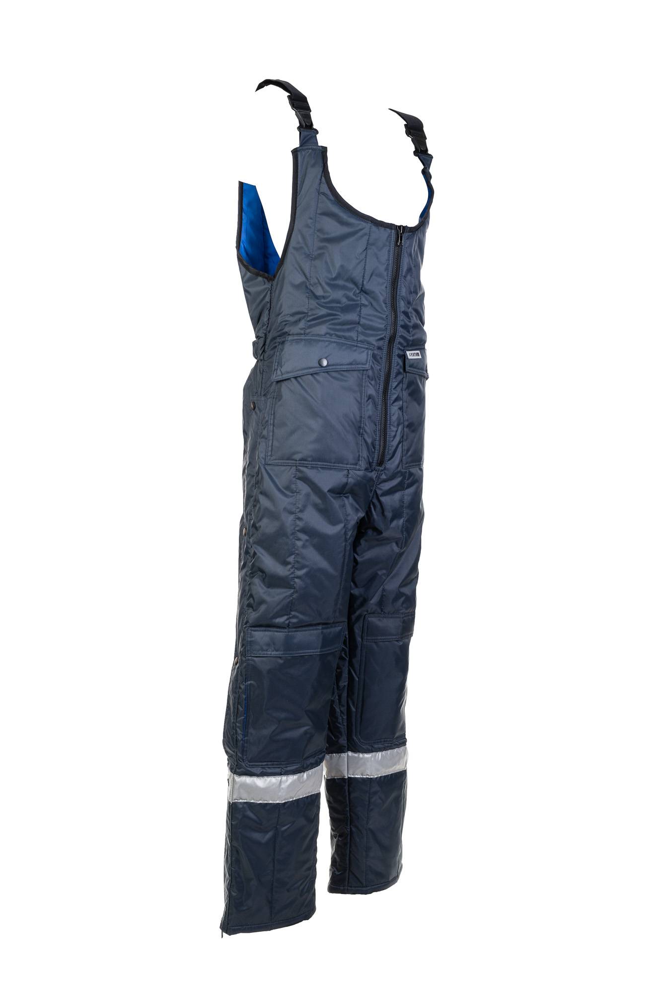 Ein marineblauer, isolierter Winteroverall mit reflektierenden Streifen an den Beinen, der für Kälteschutz und Sicherheit konzipiert ist.