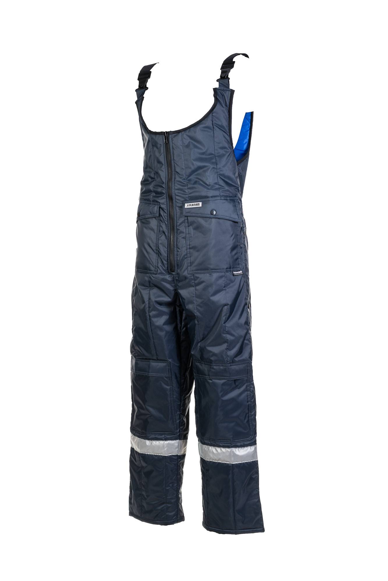 Ein Paar marine-blauer Schneelatzhosen mit reflektierenden Bändern in Knöchelhöhe, ausgestattet mit einem vorderen Reißverschluss und seitlichen Taschen.