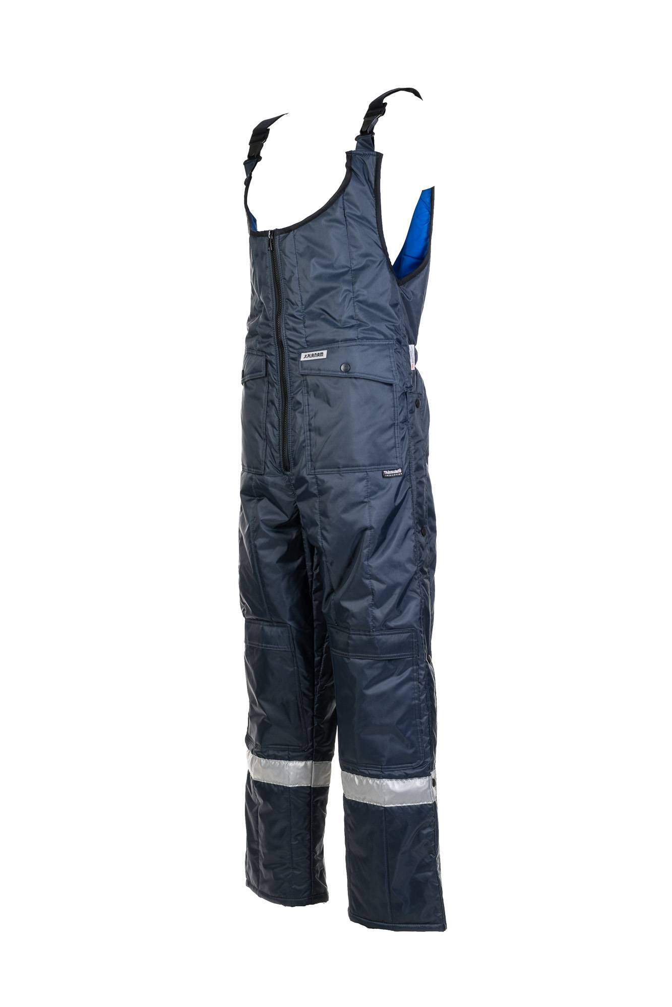 Eine schwarze isolierte Latzhose mit Reißverschluss vorne und reflektierenden Streifen um die Knöchel, entwickelt für Schutz vor kaltem Wetter.