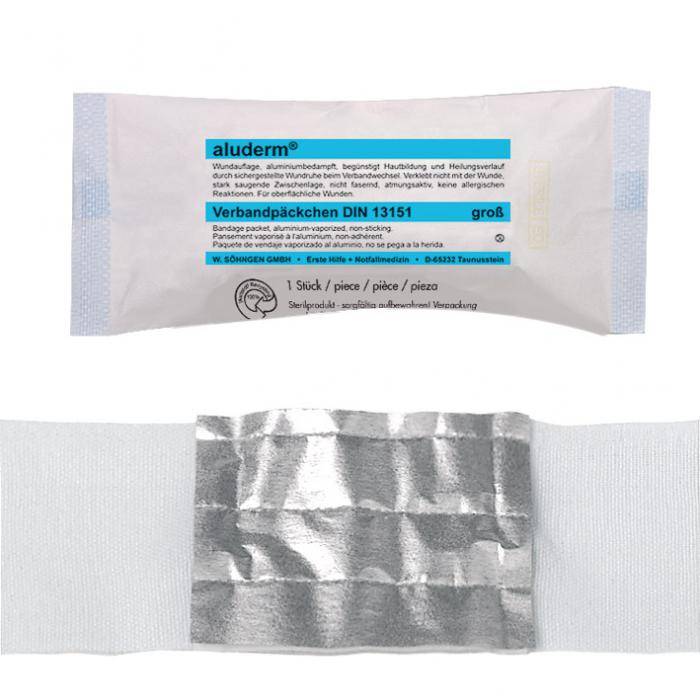 aluderm® Verbandpäckchen - DIN 13151 - Polyestervlies - Größe groß - Größe Binde 4 m x 10 cm - Größe Kompresse 10 x 12 cm
