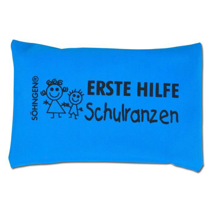 Blaues Erste-Hilfe-Kissen mit der Bezeichnung „ERSTE HILFE Schulranzen