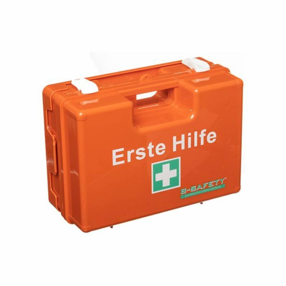 Orangener Erste-Hilfe-Kasten mit der Aufschrift 