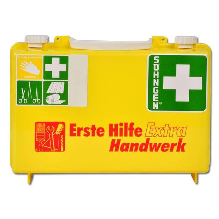 Gelber Erste-Hilfe-Kasten mit der Aufschrift „Erste Hilfe Extra Handwerk