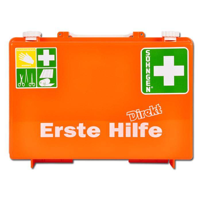 Orangener Erste-Hilfe-Kasten mit der Bezeichnung „Erste Hilfe