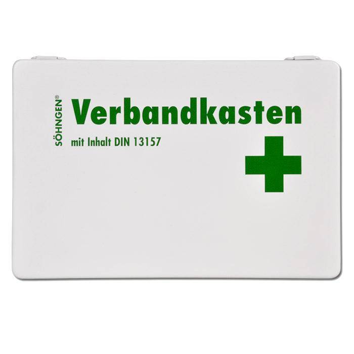 Weiße Erste-Hilfe-Kasten mit der Aufschrift „Verbandkasten