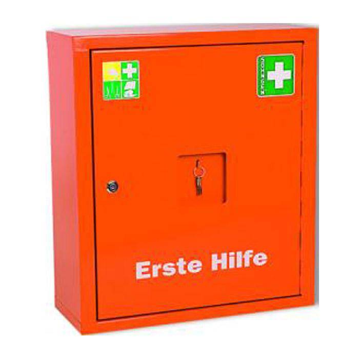 Orangener Erste-Hilfe-Kasten mit Schlüsselverschluss und grünen Medizinkreuz-Zeichen, auf der Vorderseite mit „Erste Hilfe