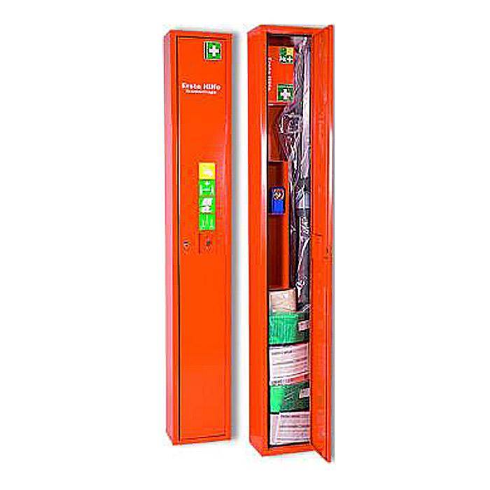 Orangener Feuerlöscher-Schrank mit einer offenen Tür, die darin gelagerte Notfallausrüstung und Vorräte zeigt.