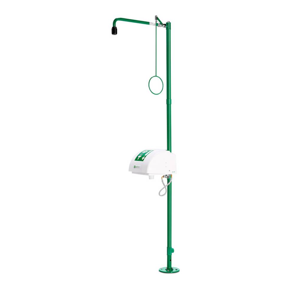 Körper-Notdusche - Ausführung ClassicLine - Edelstahl, chemikalienbeständig grün pulverbeschichtet - mit Augendusche, Auffangbecken und Abdeckung