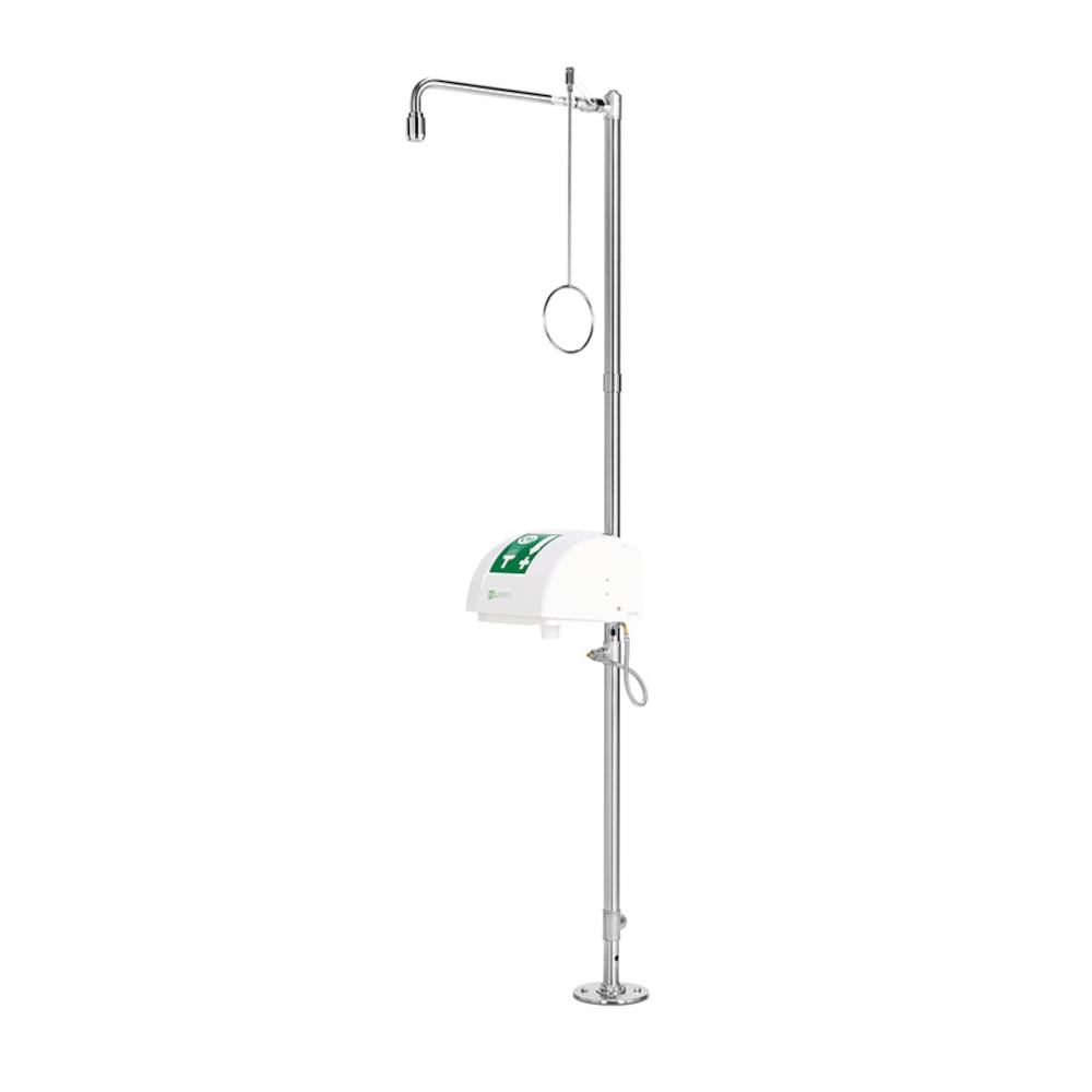 Körper-Notdusche - Ausführung PremiumLine - Edelstahl, polierte Oberfläche - mit Augendusche, Auffangbecken und Abdeckung - für Bodenmontage