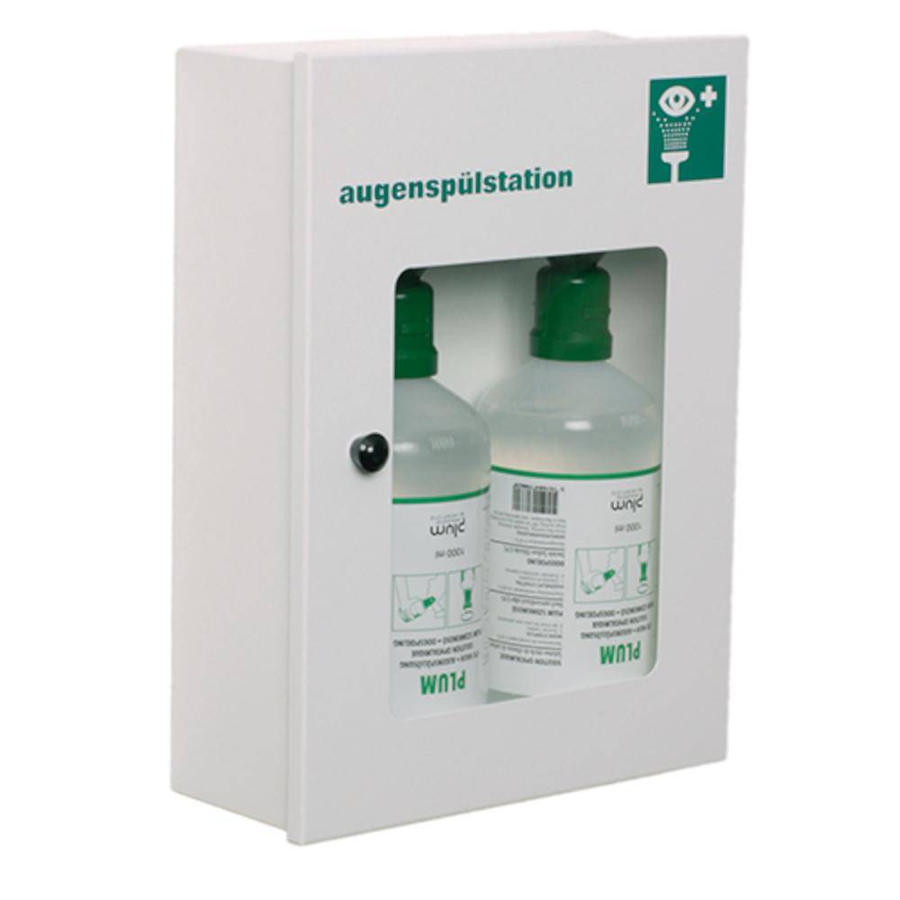 Weißer, an der Wand montierter Erste-Hilfe-Schrank für Augenspülstation mit der Aufschrift „Augenspülstation