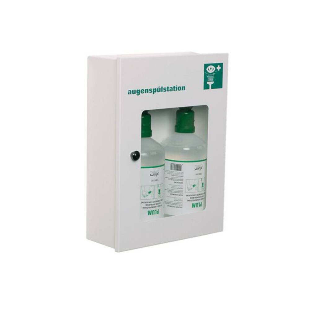 Wandmontierter Augenspülstations-Schrank mit transparenter Front, die zwei Flaschen für die Notfall-Augenreinigung zeigt.