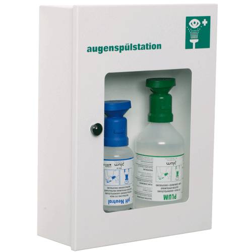 Eine weiße Notfall-Augenspülstation mit zwei Flaschen darin, gekennzeichnet mit „Augenspülstation