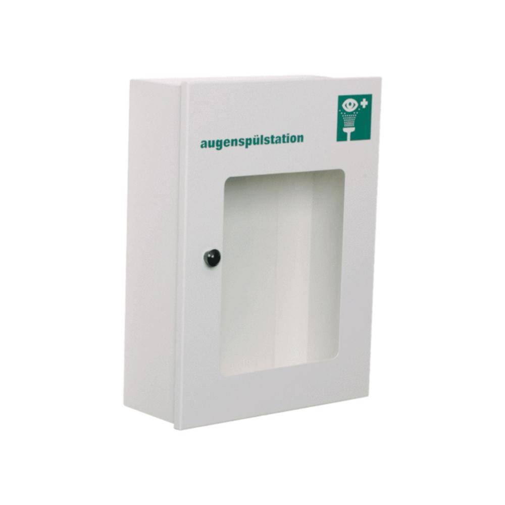 Wandmontierter Augenpülstations-Schrank mit Fenster an der Front. Ein Schild oben zeigt ein Augensymbol und den Text „Augenspülstation