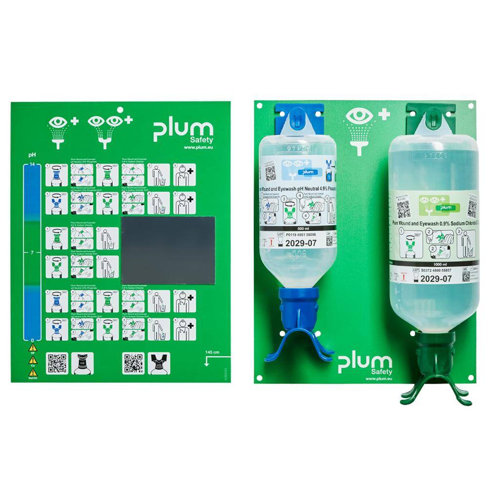 Plum Safety Augenwaschanlagen-Wandschilder mit zwei Stationen für Notfall-Waschflaschen, Piktogrammen zur Verwendung und pH-Skalen-Anleitung.
