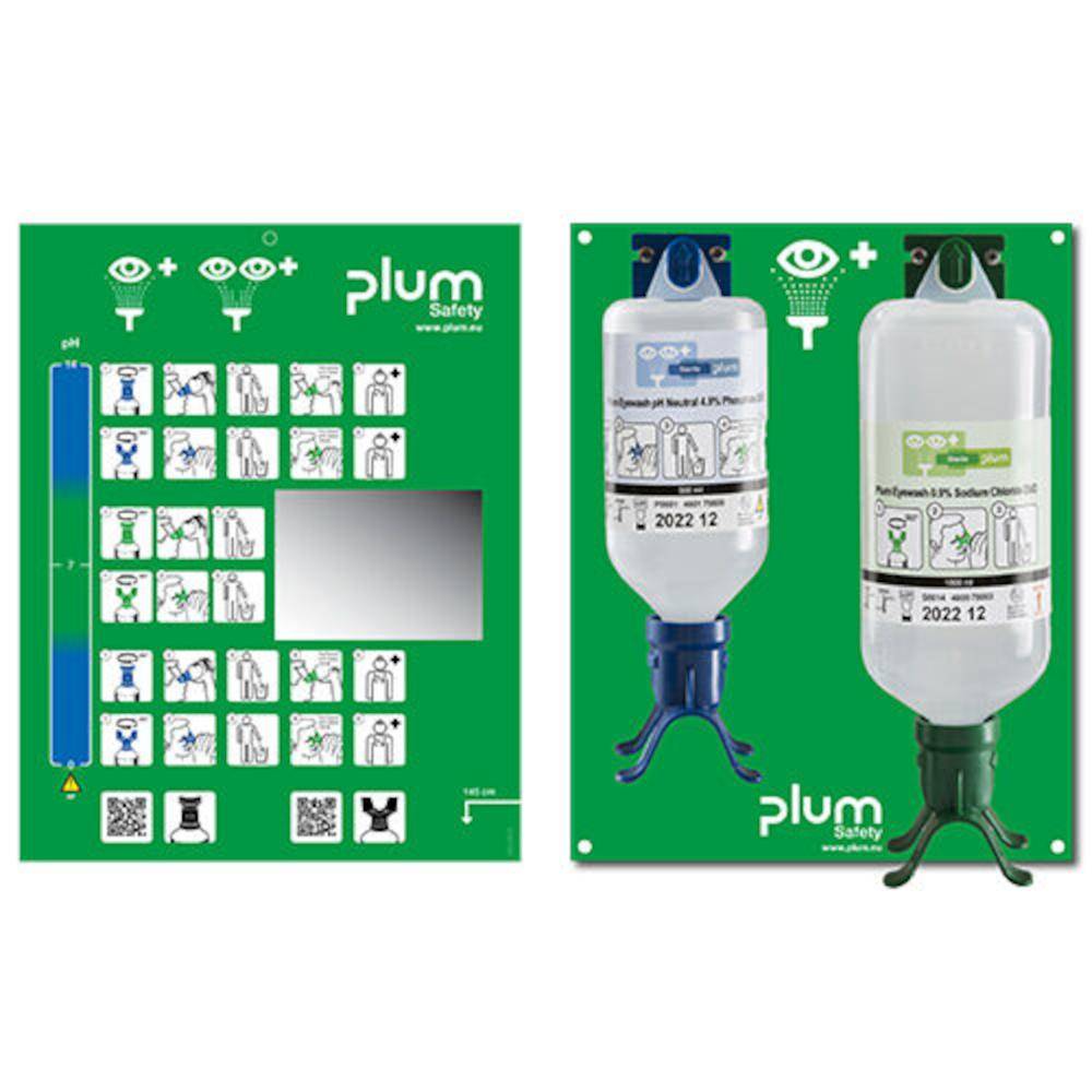Augenspülstation mit zwei Flaschen für den Notfall, beschriftet mit schrittweisen Anweisungen, grüner Hintergrund mit Sicherheitssymbolen.
