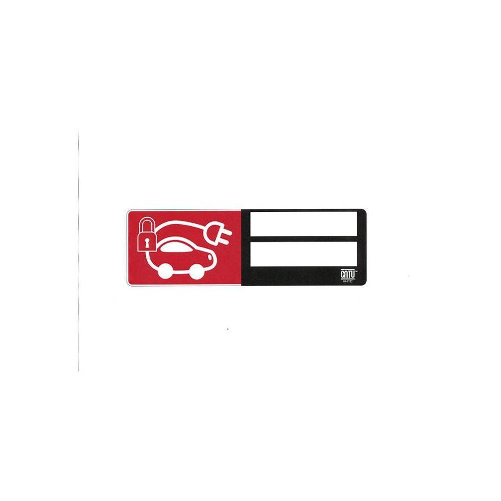 Symbol eines Elektroautos mit einem Stecker und einem Vorhängeschloss, das gesicherte oder geschützte Ladevorgänge suggeriert, neben leeren Beschriftungsleisten auf weißem Hintergrund.