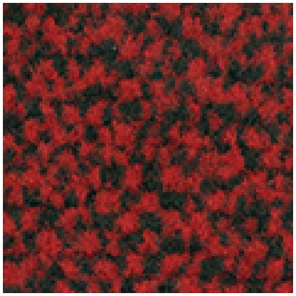 Eine Nahaufnahme eines rot-schwarzen gemusterten Teppichs, die ein dichtes, abstraktes Design zeigt, das typisch für stark frequentierte gewerbliche Räume ist.