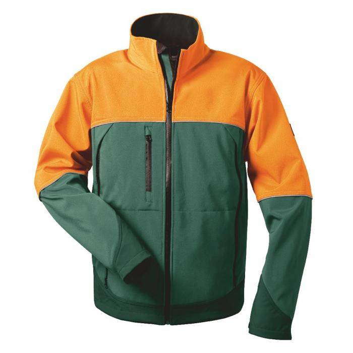 Orange- und grüne Reißverschlussjacke mit hohem Kragen und Brusttasche, vor weißem Hintergrund abgebildet.