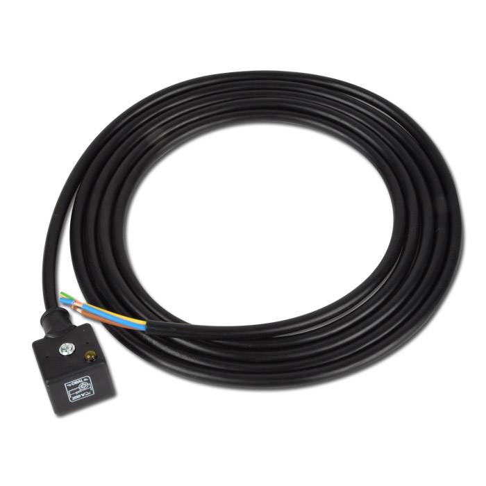 Schwarzes aufgerolltes Kabel mit einem kleinen Sensor- oder Steckverbindermodul und freiliegenden farbigen Drähten an einem Ende, dargestellt auf weißem Hintergrund.