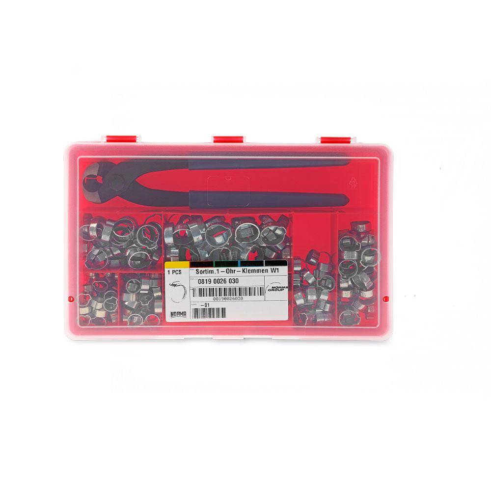 1-Ohr Schlauchklemmen Sortiment - Stahl verzinkt - inkl. Montagezange - 270 Stück - Ø 8 bis 18 mm - Preis per Set