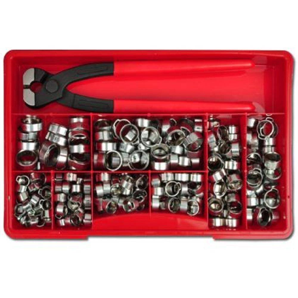 1-Ohr Schlauchklemmen Sortiment - Stahl verzinkt - inkl. Montagezange - 260 Stück - Ø 8 bis 17,3 mm - Preis per Set