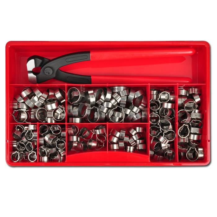 1-Ohr-Schlauchklemmen-Set - Edelstahl - 280 Stück - Montagezange - Spannweite 7,5 bis 13,3 mm - Preis per Set