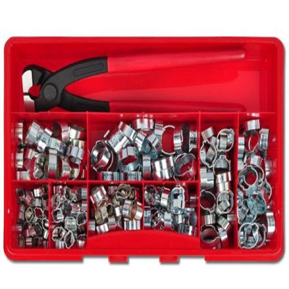 2-Ohr Schlauchklemmen Sortiment - Stahl verzinkt - inkl. Montagezange - 280 Stück - Ø 5,7 bis 20 mm - Preis per Set