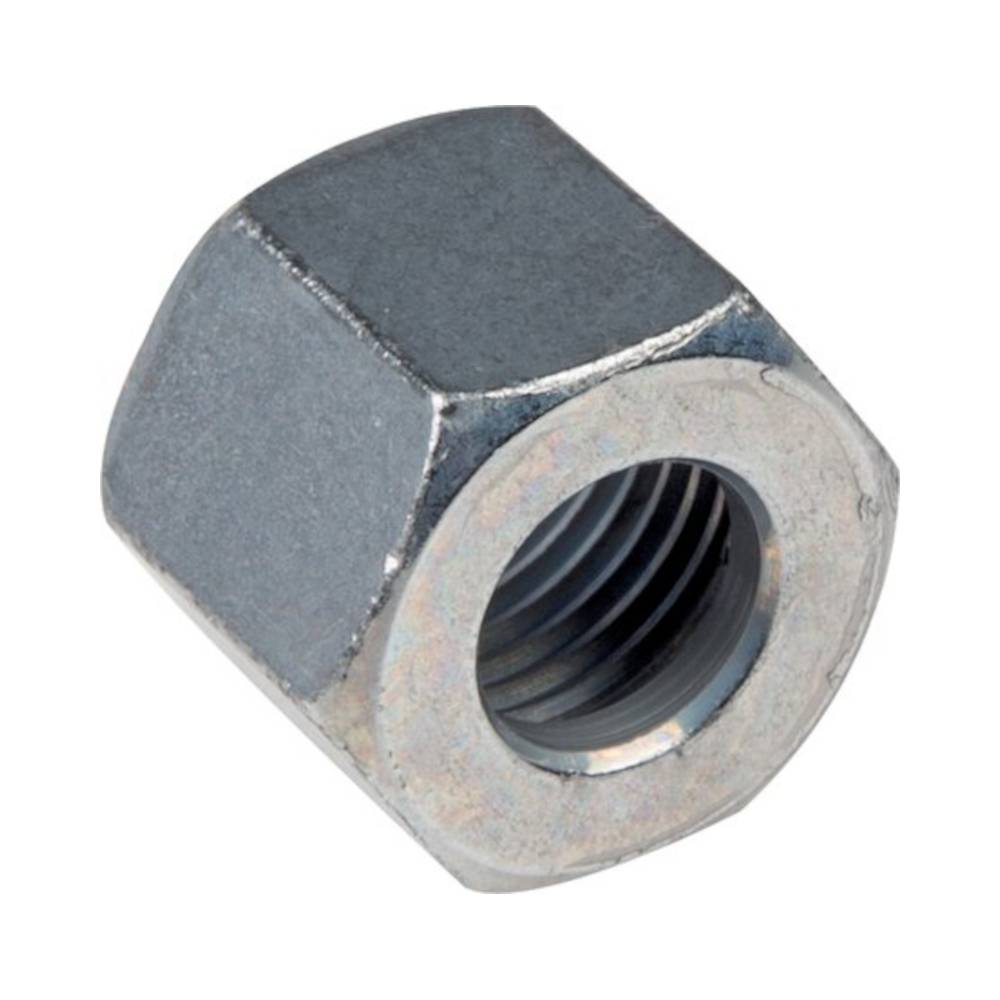 Eine sechseckige Metallflanschmutter, die zum Befestigen von Schrauben oder Bolzen verwendet wird und mit Gewinde im Inneren versehen ist.