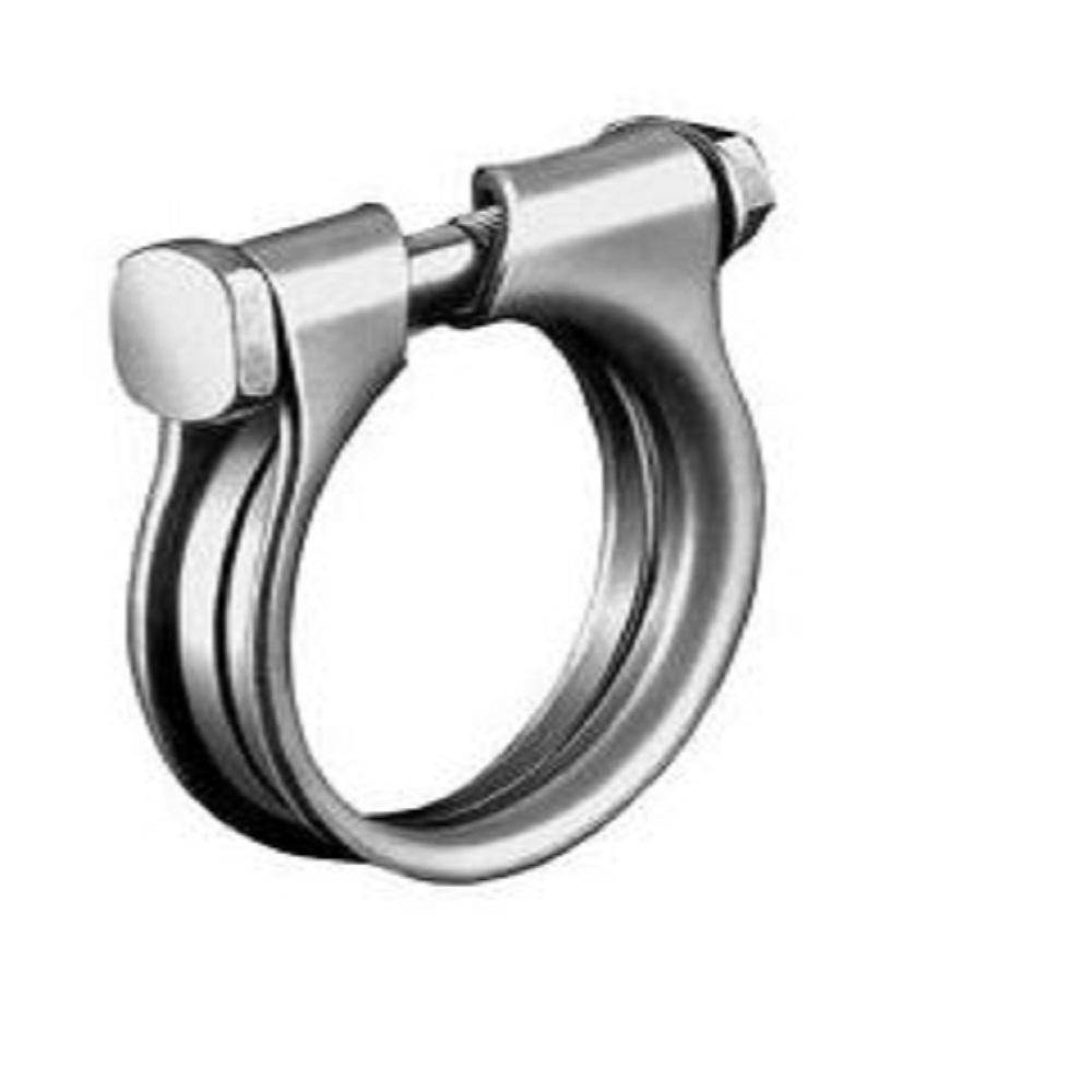 Eine silberfarbene Metallschlauchschelle mit einem Schraubspannband, isoliert auf weißem Hintergrund dargestellt.