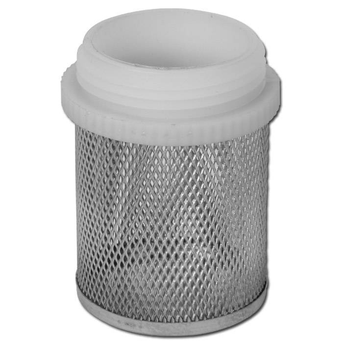 Zylindrische Metallgitterfilterpatrone mit weißer Kunststoffkappe und -basis auf einfachem Hintergrund.