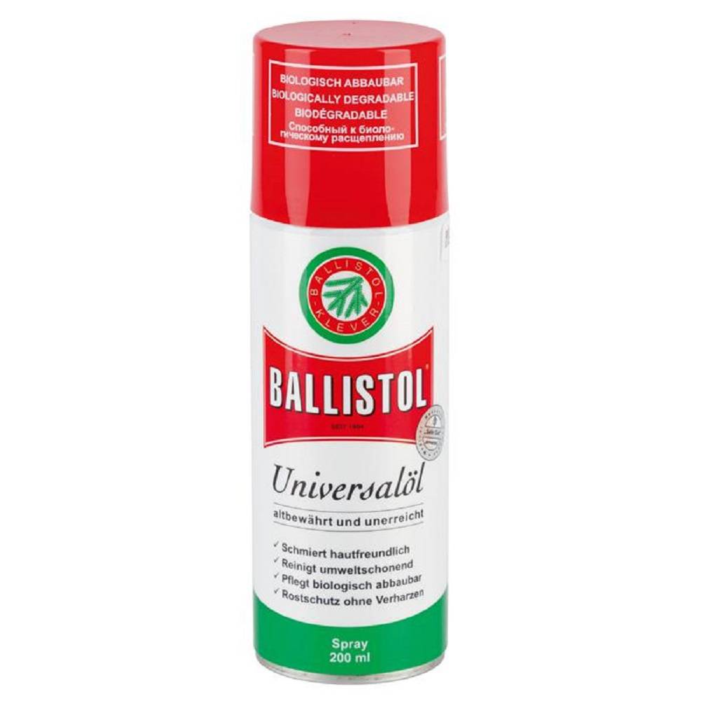 Ballistol Universalöl Spraydose, 200 ml. Rot-weißes Etikett, das Eigenschaften wie hautfreundlich, biologisch abbaubar und Rostschutz hervorhebt.