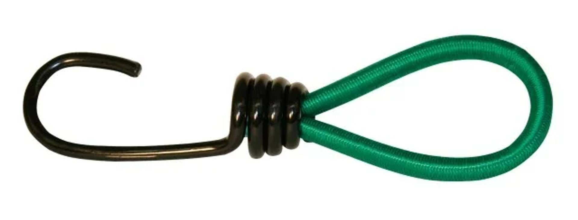 Nahaufnahme einer grünen Schleifenschnur, die an einem schwarzen Metallhaken mit ergonomischem Griff befestigt ist.
