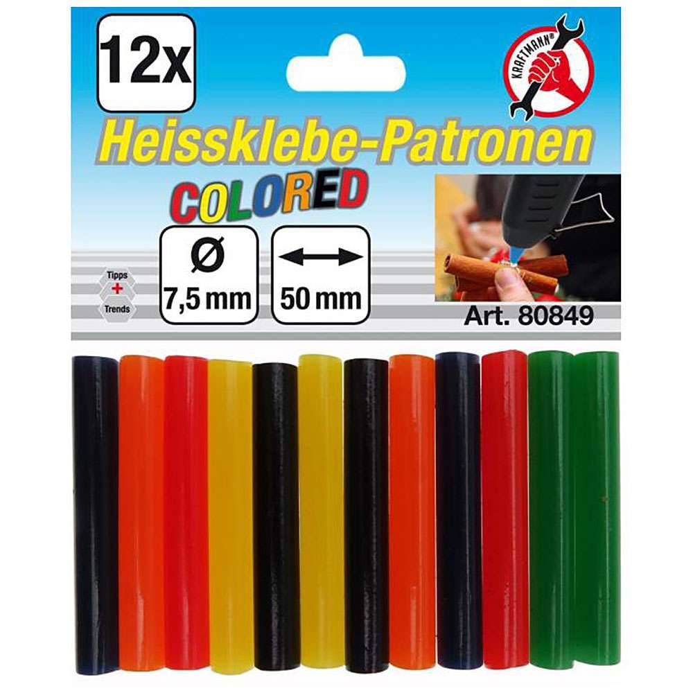 Heissklebe-Patronen - bunt - 7,5 mm x 50 mm - 12-tlg.