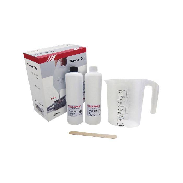 Power Gel-Set mit zwei Flaschen, Messbehälter, Rührstab und Verpackungsbox zum Mischen oder Vorbereiten von Gel.