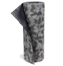 Eine Schaumstoffrolle mit Tarnmuster, teilweise entrollt, aufrecht stehend. Verwendet für Bastelprojekte oder Schalldämmung im Baugewerbe oder bei DIY-Projekten.