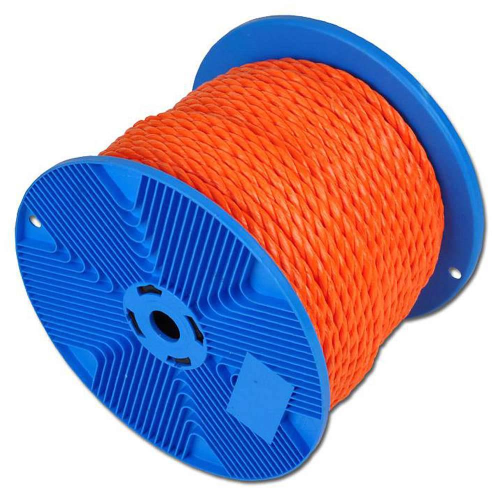 Rolle mit leuchtend orangem geflochtenem Seil, das auf einer blauen Kunststoffspule aufgewickelt ist, vor weißem Hintergrund dargestellt.