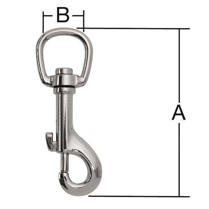 Diagramm eines Metallschwenkverschlusses mit Maßbezeichnungen A für die Gesamtlänge und B für die obere Öffnungsbreite.
