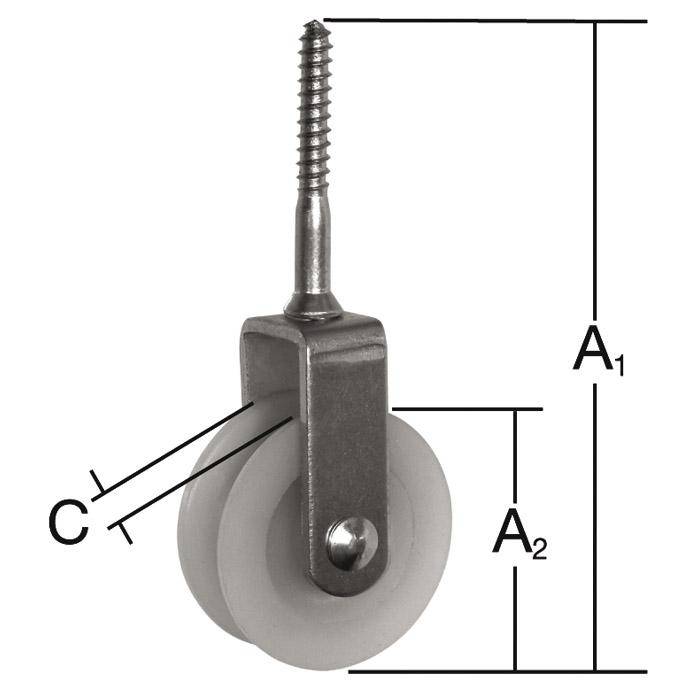 Diagramm eines schraubenmontierten Rad-Laufrollen mit den Abmessungen A1, A2 und C für Gesamthöhe, Radhöhe und Radbreite.