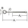 Augenschrauben-Diagramm mit beschrifteten Abmessungen: B (Augendurchmesser), C (Schaftlänge), A₁ und A₀ (Abstand zwischen Auge und Ende).