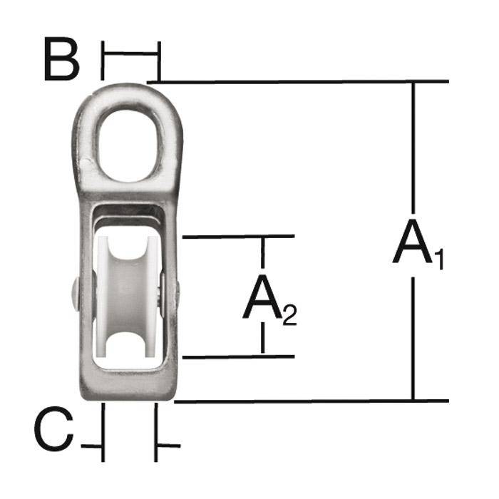 Diagramm eines Metallschnappkarabiners mit beschrifteten Abmessungen A1, A2, B und C, die seine Höhen- und Breitenmessungen zeigen.