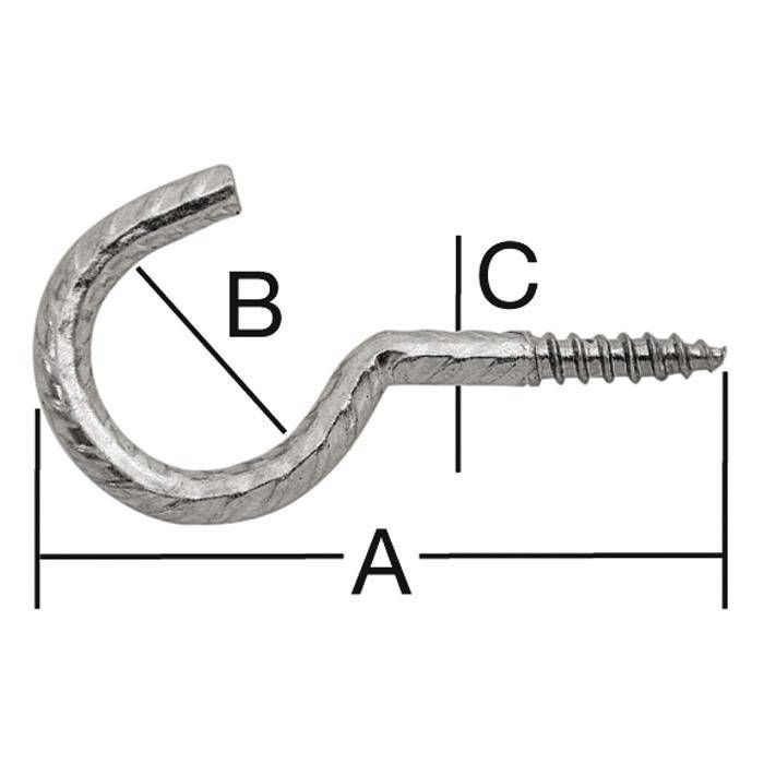 Diagramm des Metallschraubhakens mit den Bezeichnungen A, B und C, das die Gesamtlänge, den Durchmesser der gekrümmten Hakenöffnung und die Schaftlänge zeigt.