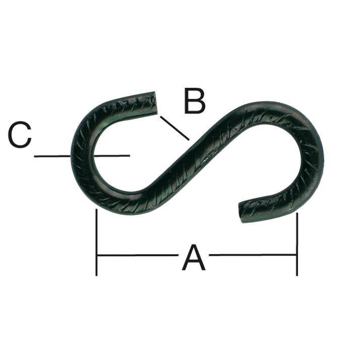Schwarze S-förmige Metallhaken-Illustration mit den Bezeichnungen A, B und C mit Messleitlinien, die ihre Abmessungen angeben.